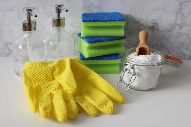 House cleaning supplies including gloves and sponges